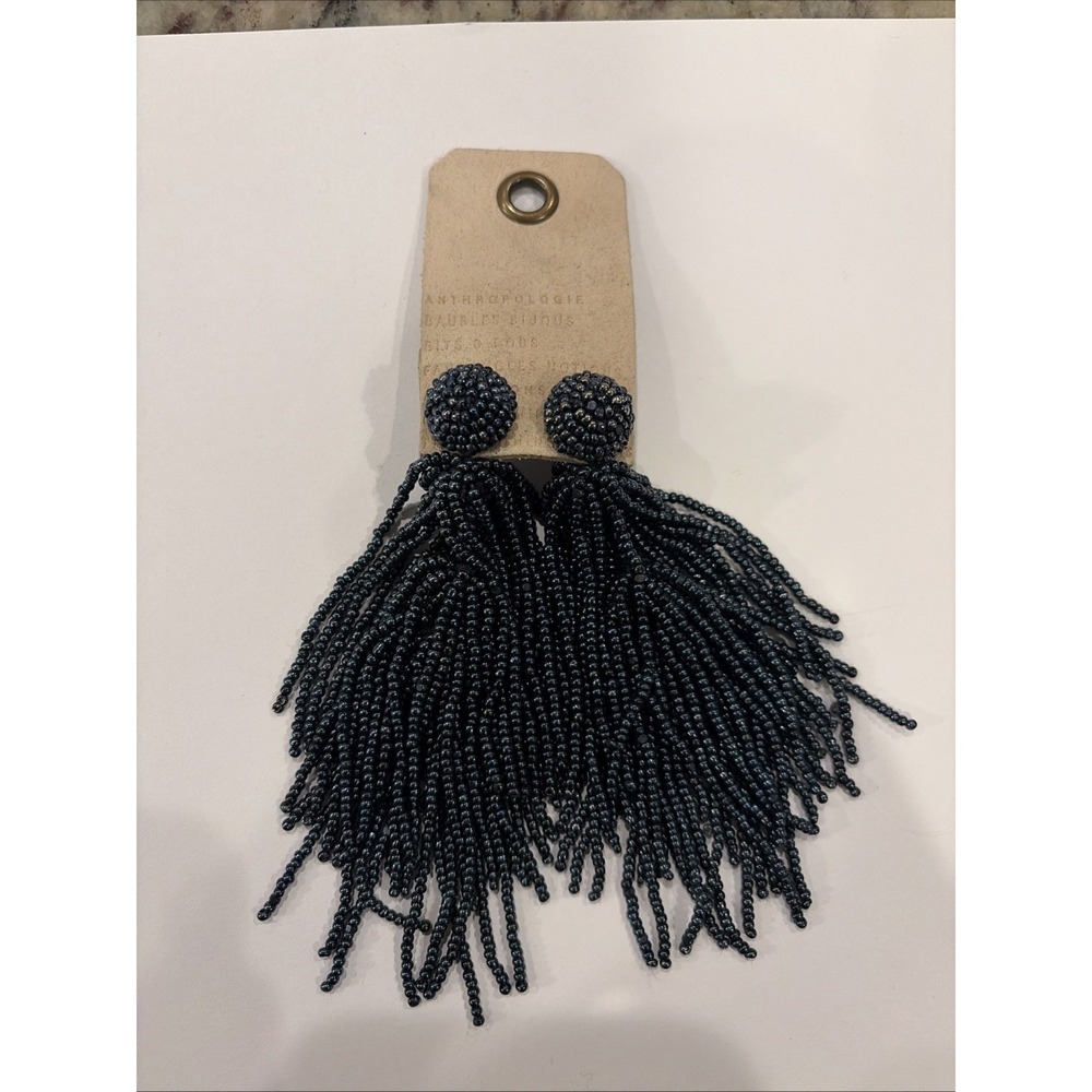 Anthropologie Blue Gray Gunmetal Seed Beaded Tassel Fringe Statement Earrings